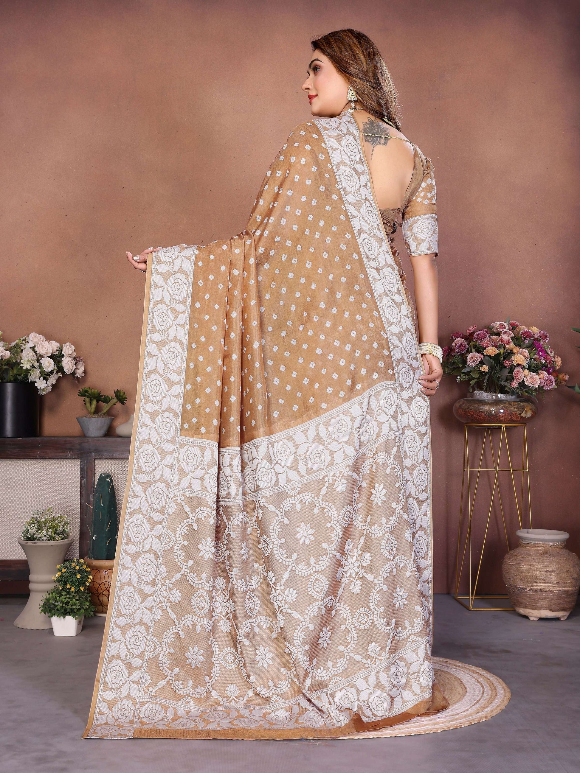 Aastha Fashion Light Brown Viscose Silk Handmade Original Bandhej Saree