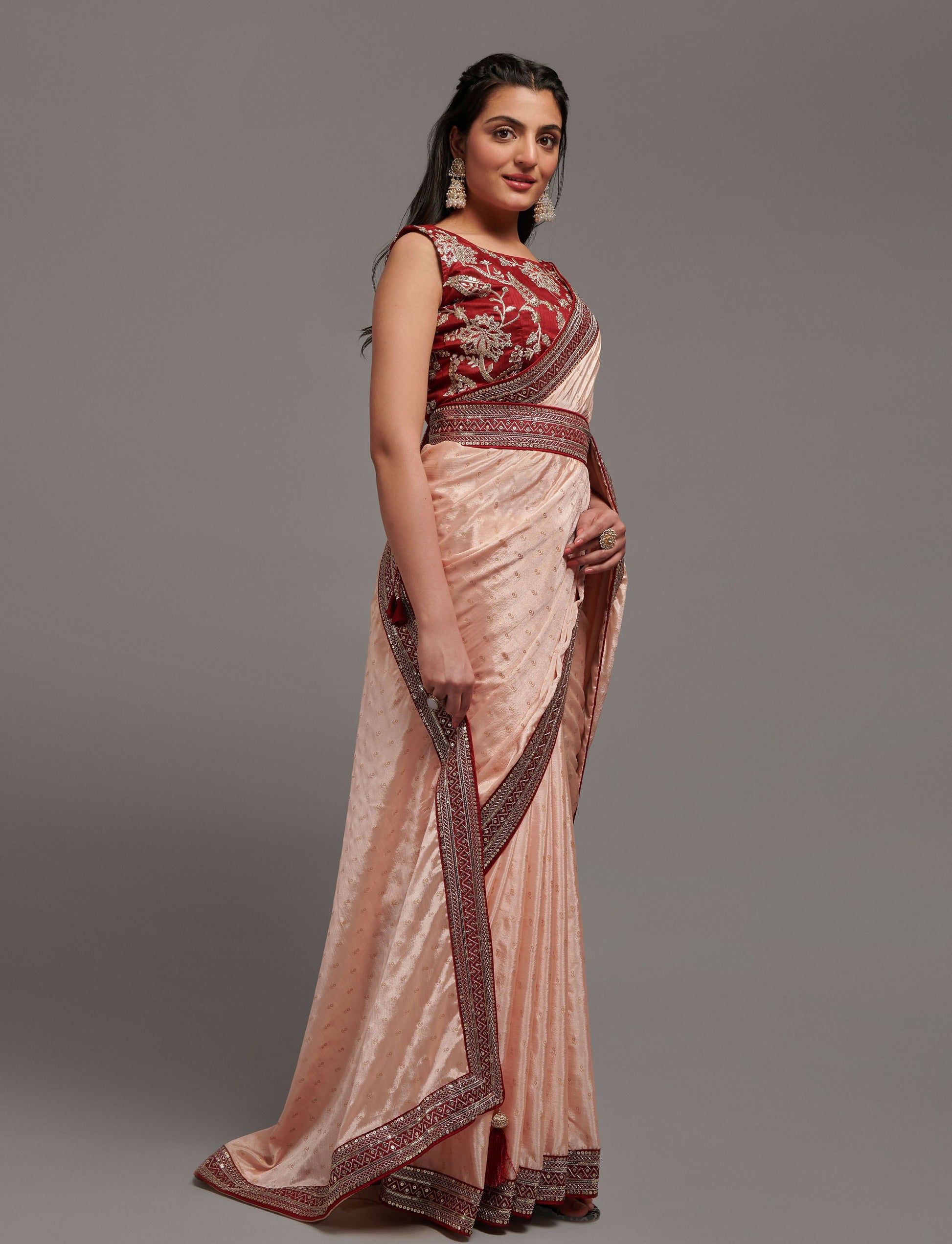 PR Fashion Peach Chinon Embroidery Lace Saree
