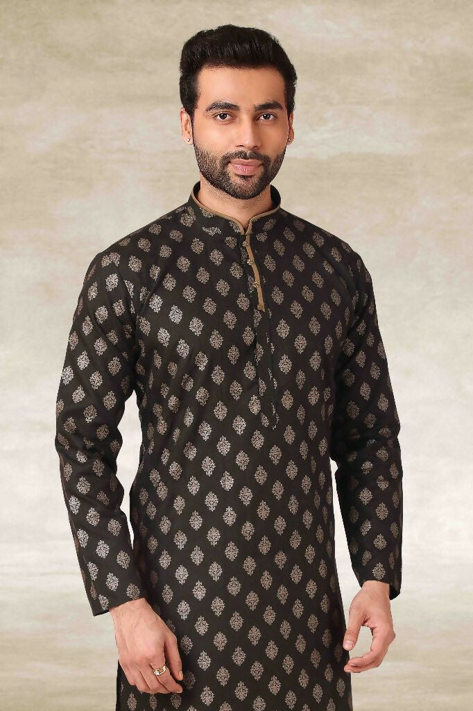 Raivat Ethnic Cotton Printed Work Kurta Pajama In Mehendi Green Colour