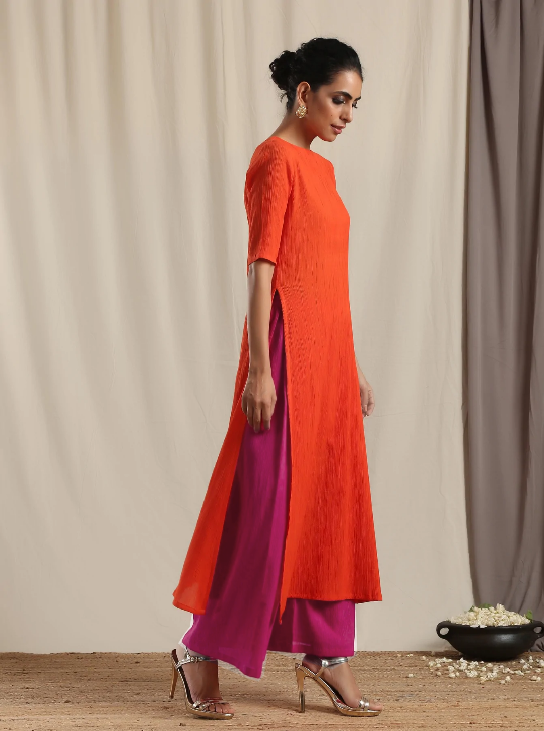 trueBrowns Orange Crinkle Slit Kurta Pant Set 