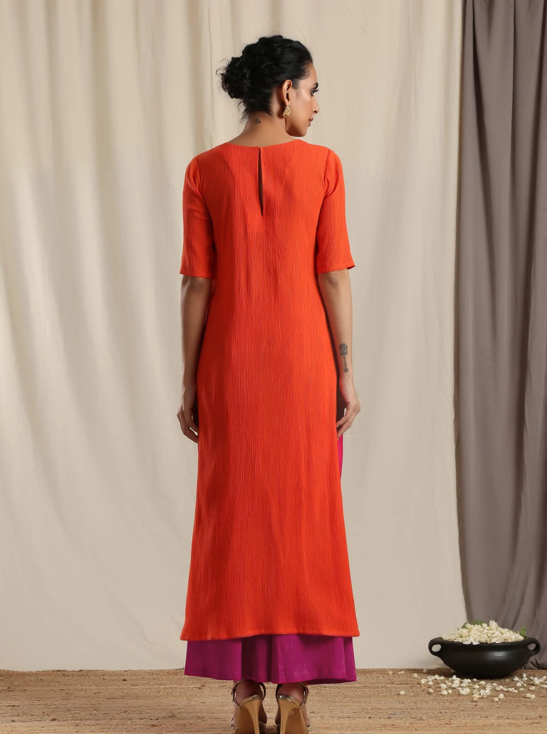 trueBrowns Orange Crinkle Slit Kurta Pant Set 