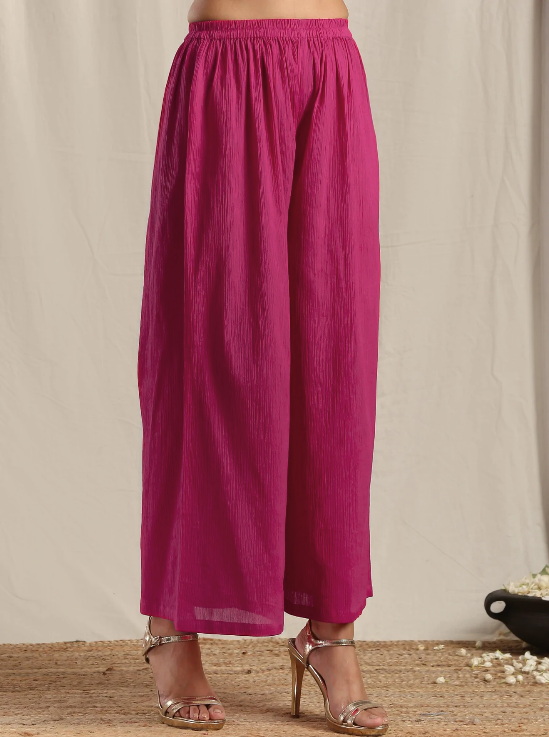 trueBrowns Orange Crinkle Slit Kurta Pant Set 