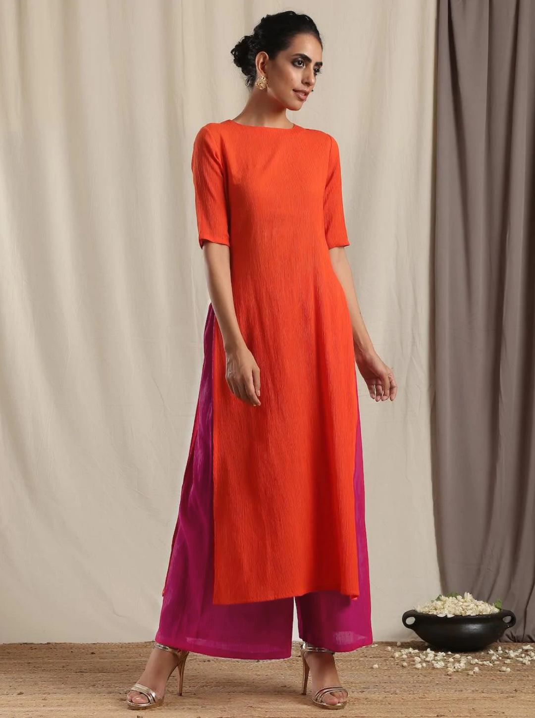trueBrowns Orange Crinkle Slit Kurta Pant Set 