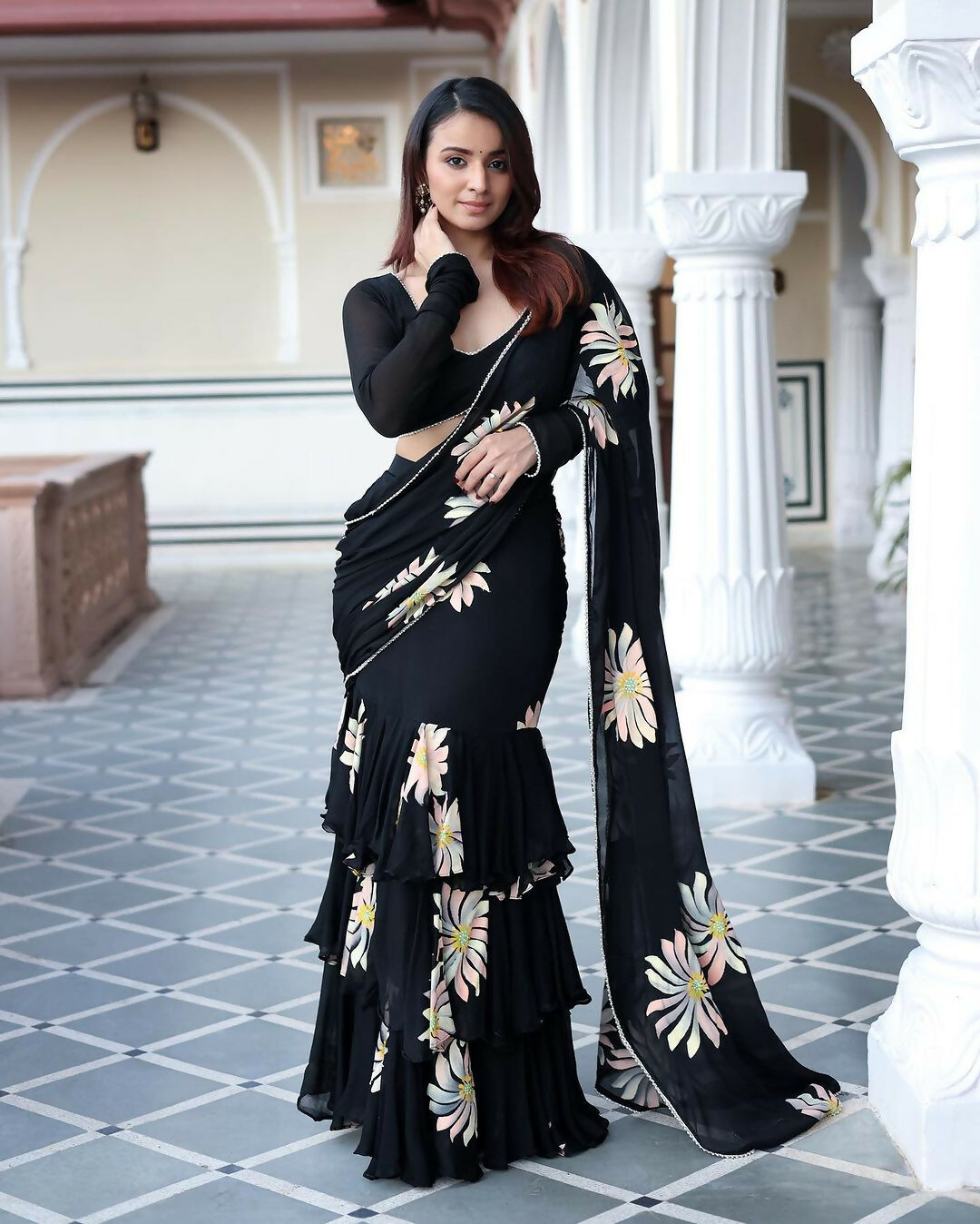 Exclusive Collection Black Party Wear Ruffle Georgette Grab2Buy 