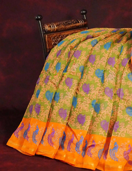 Pastel Peach All Over Printed Semi Chanderi Grab2Buy By Gayathri Reddy Designer Studio