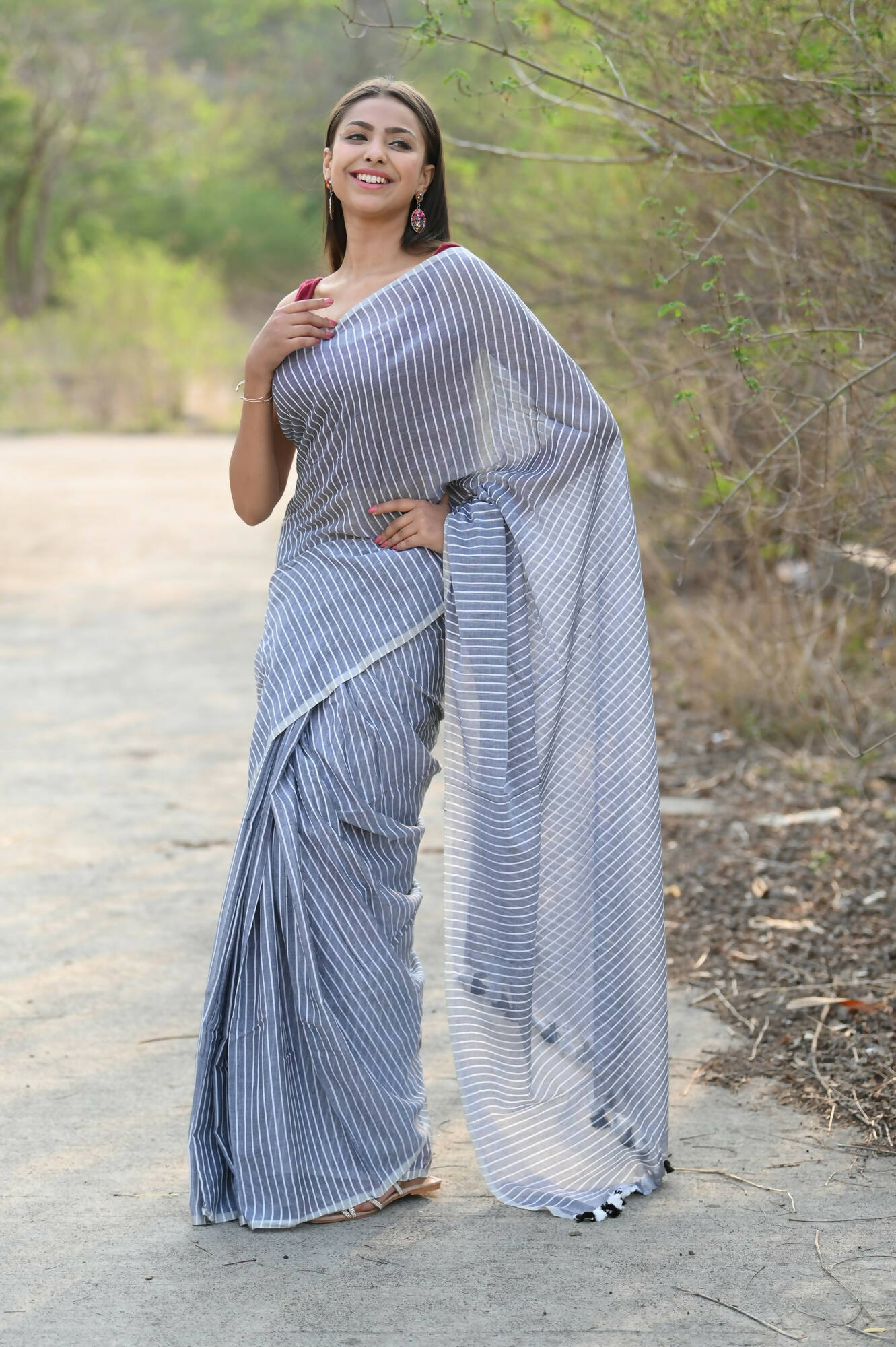 Very Much Indian Designer Pure Cotton Saree With All Over Linear Stripes - Sage Grey - Grab2buy