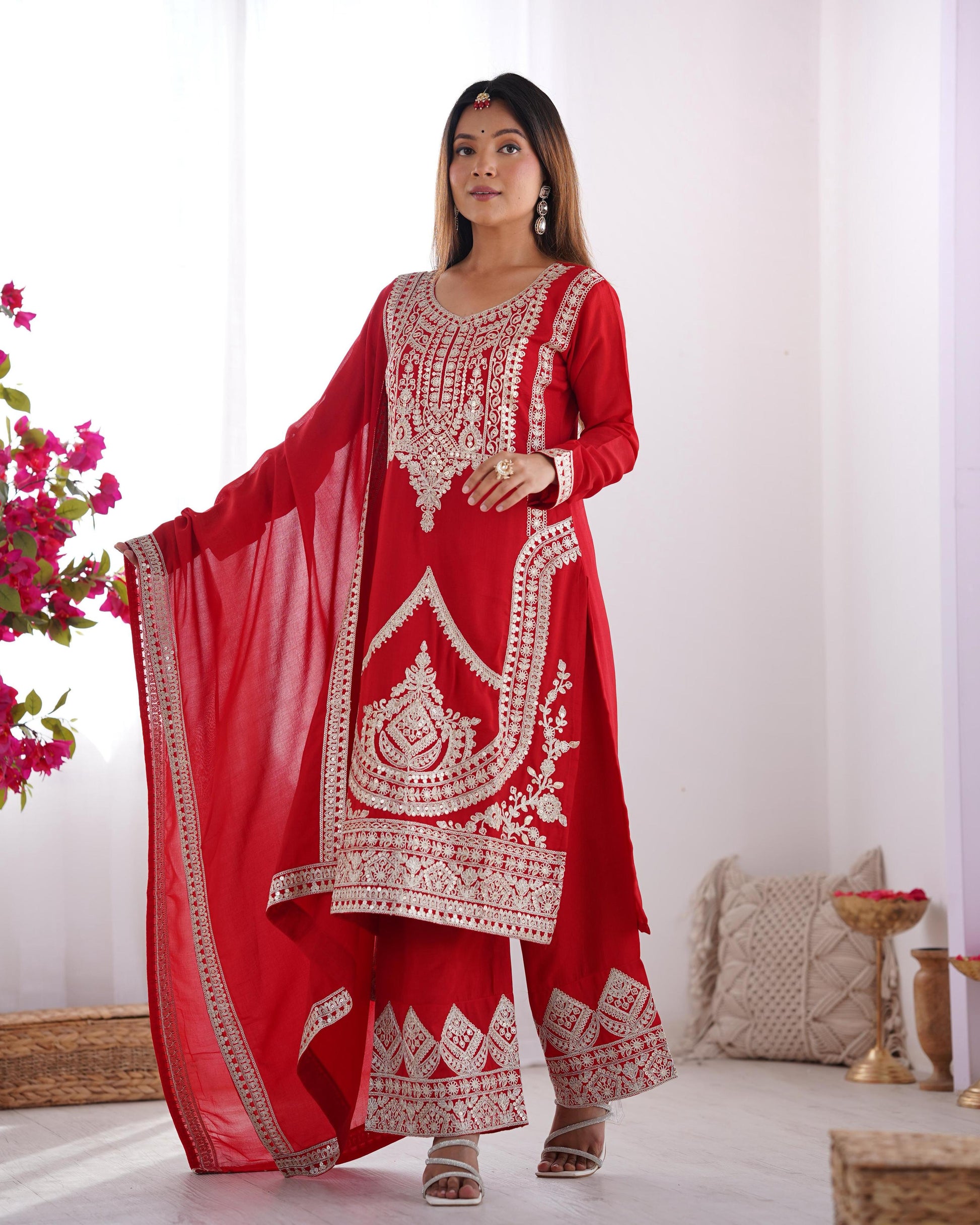 Teeya Creation Red Color Vichitra Silk Heavy Embroidery Work Festival Wear Fully Stitched Salwar Suit