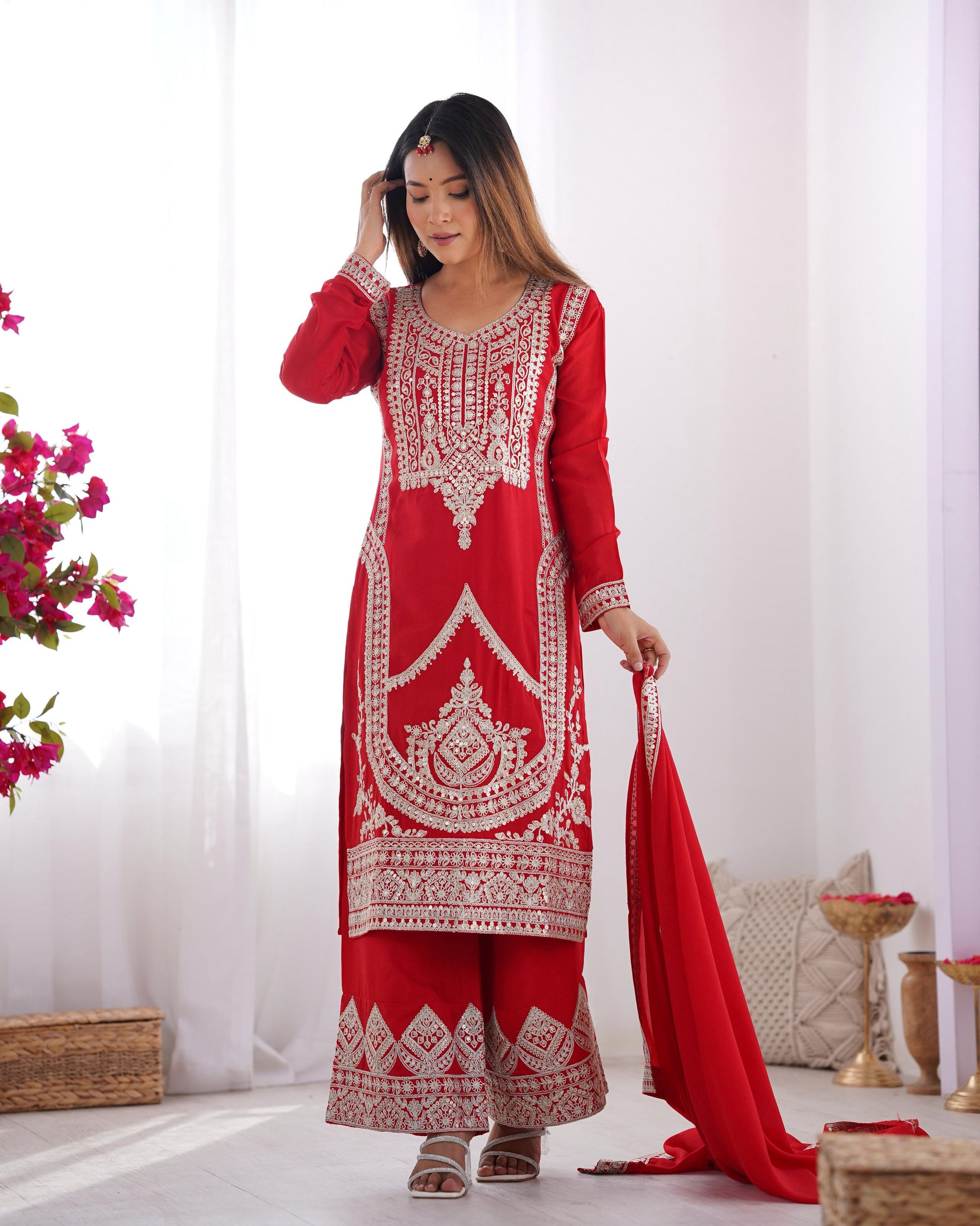 Teeya Creation Red Color Vichitra Silk Heavy Embroidery Work Festival Wear Fully Stitched Salwar Suit