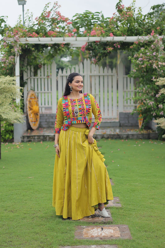 Evanik Navratri Parrot Roamn Fabric With Kutchi Work Koti Style Blouse Stitched Lehenga Choli
