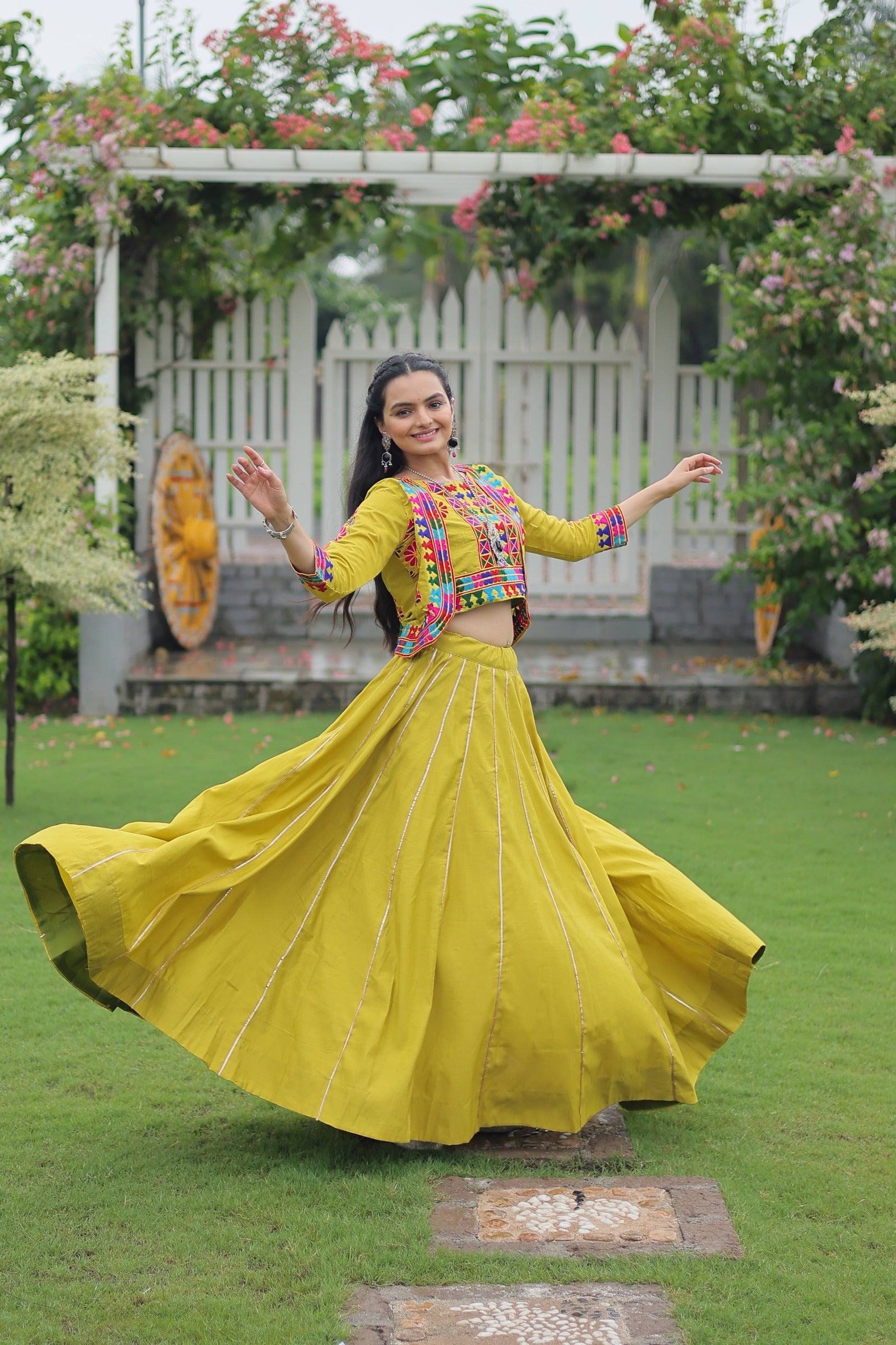 Evanik Navratri Parrot Roamn Fabric With Kutchi Work Koti Style Blouse Stitched Lehenga Choli
