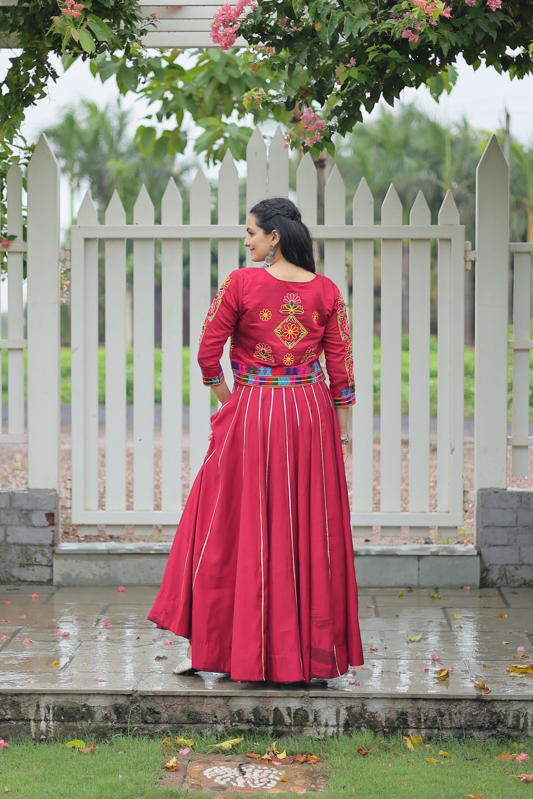 Evanik Navratri Maroon Roamn Fabric With Kutchi Work Koti Style Blouse Stitched Lehenga Choli