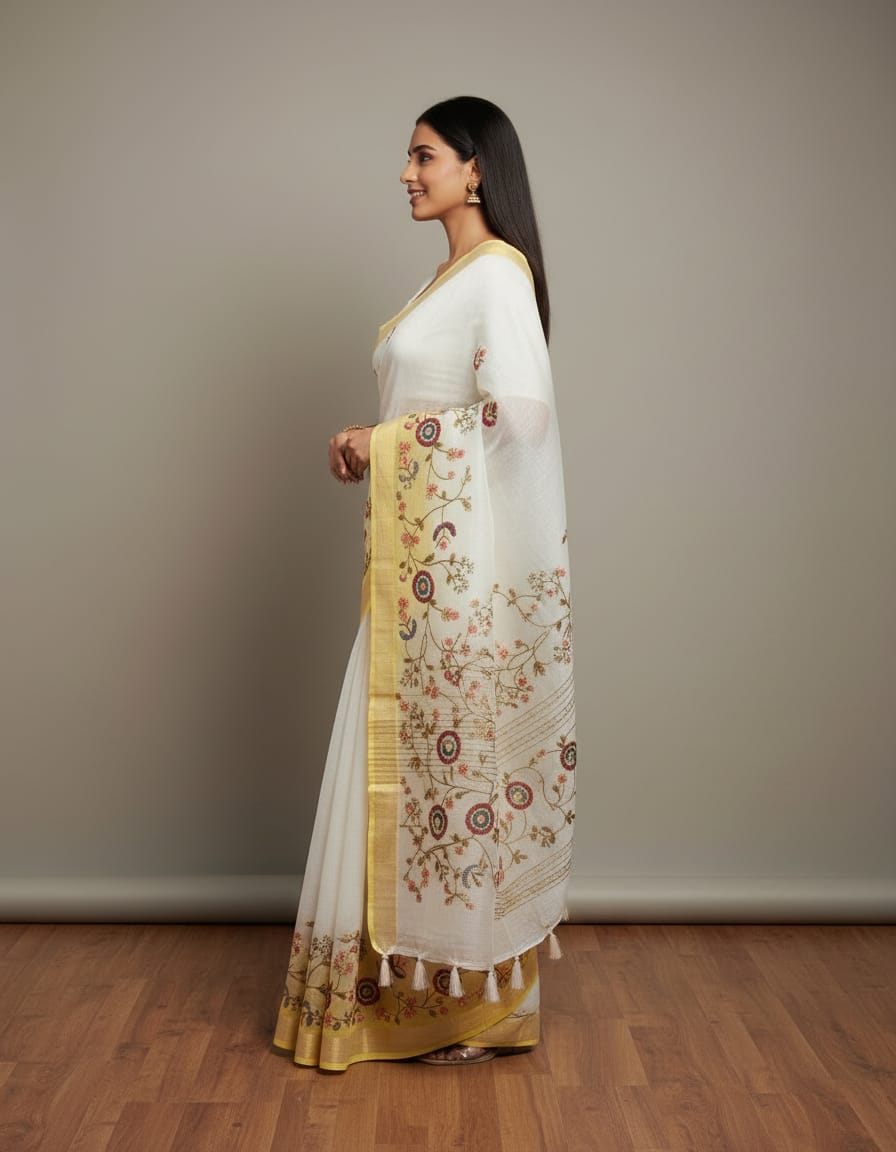 Morchari Mal Chanderi with all over Kantha Hand Work Saree
