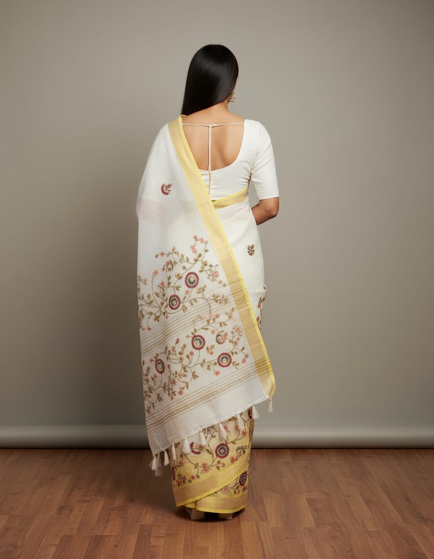 Morchari Mal Chanderi with all over Kantha Hand Work Saree