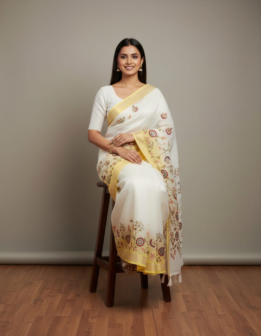 Morchari Mal Chanderi with all over Kantha Hand Work Saree