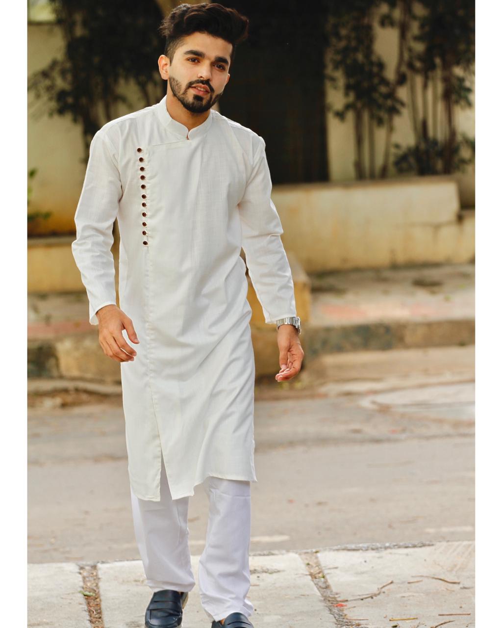 Jompers Men White Solid Mandarin Collar Kurta with Churidar