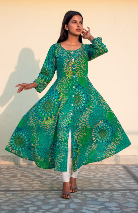 Jompers Women Green & White Printed Flared Kurta - Grab2buy