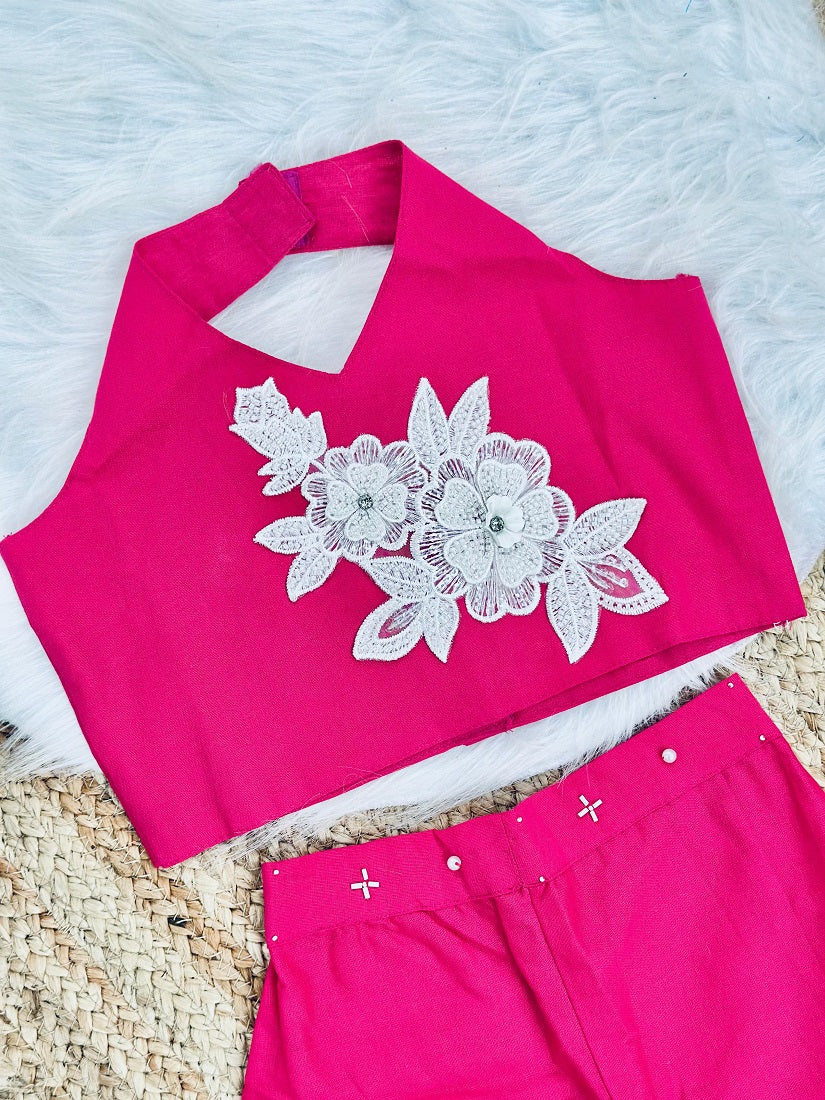 Evanik Pink Pure Khadi Cotton With Patch Work Kids Summer Co-Ord Set