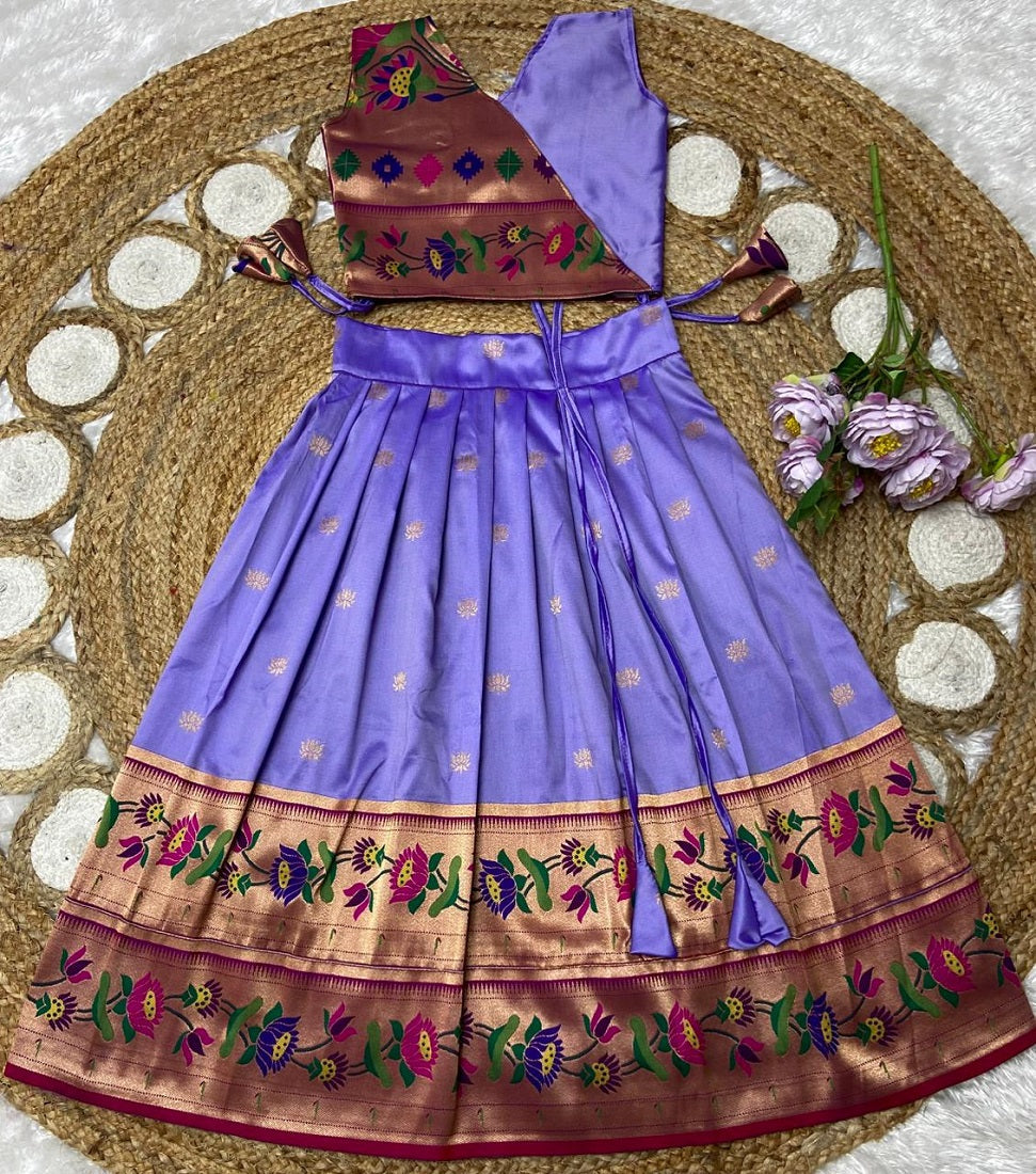 Evanik Purple Kids Paithani Silk Lotus Pattern Lehenga Choli