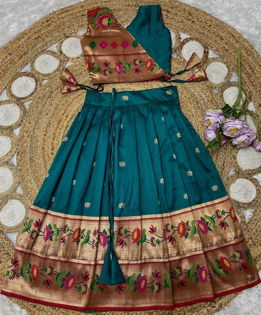 Evanik Blue Kids Paithani Silk Lotus Pattern Lehenga Choli