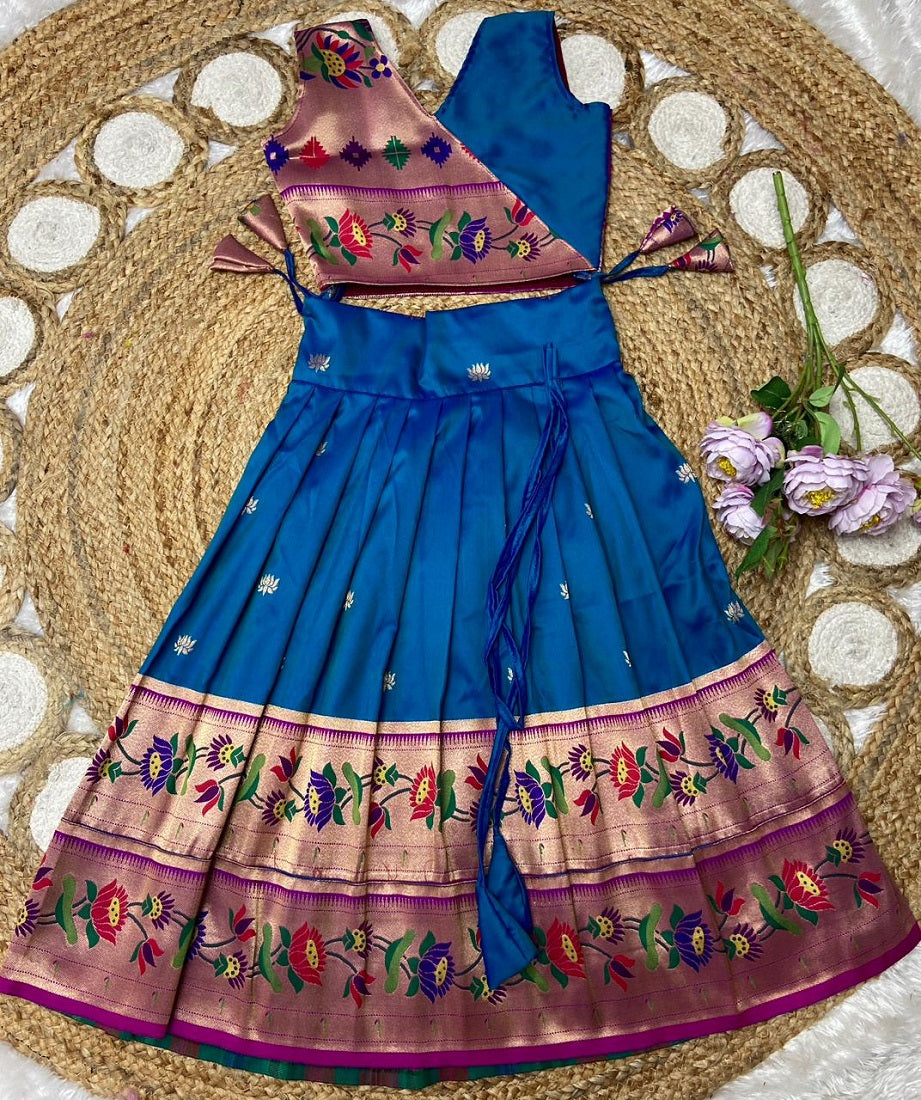 Evanik Blue Kids Paithani Silk Lotus Pattern Lehenga Choli