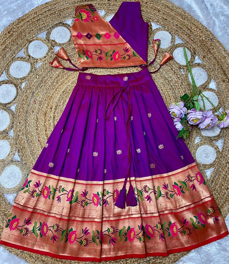 Evanik Purple Kids Paithani Silk Lotus Pattern Lehenga Choli