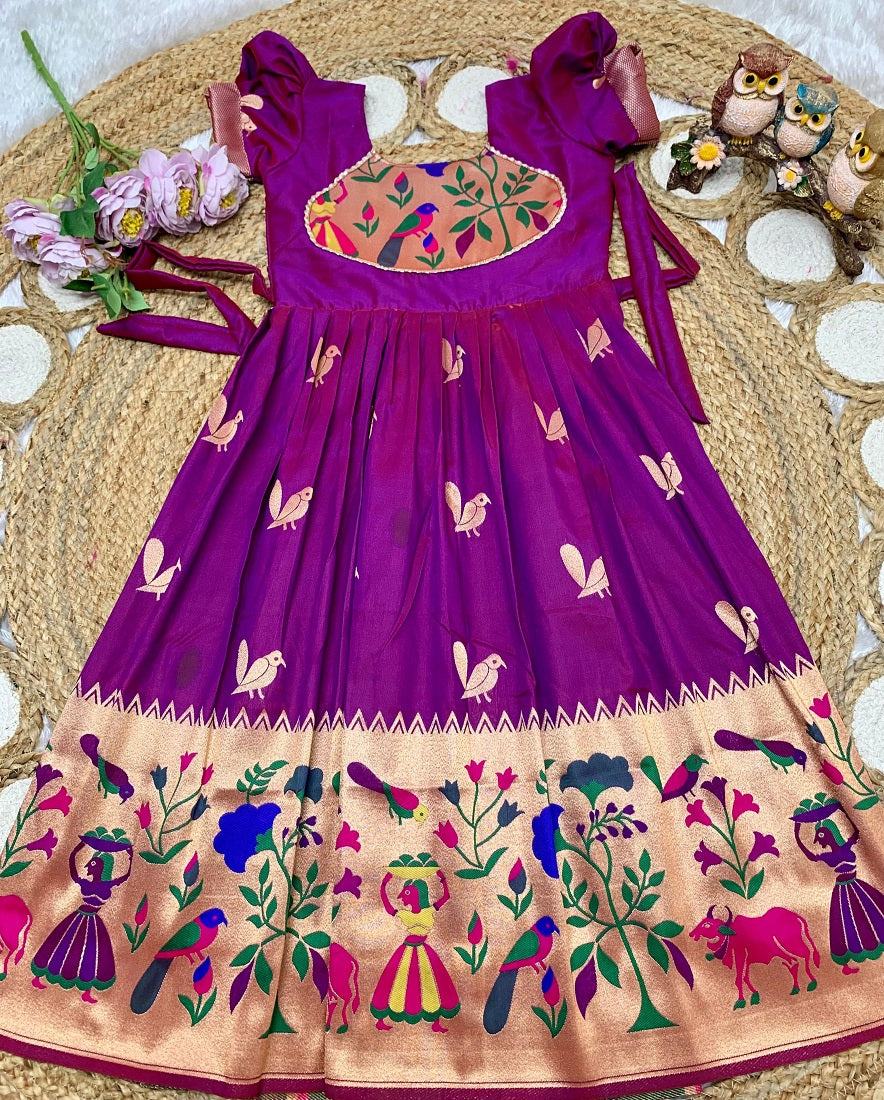 Evanik Purple Soft Paithani Silk Zari Weaving Birds Pattern Kids Gown