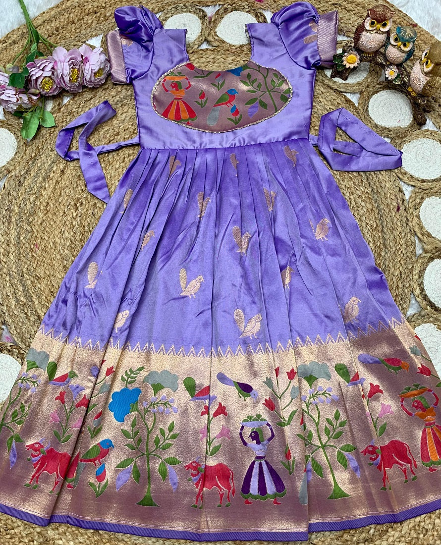 Evanik Purple Soft Paithani Silk Zari Weaving Birds Pattern Kids Gown