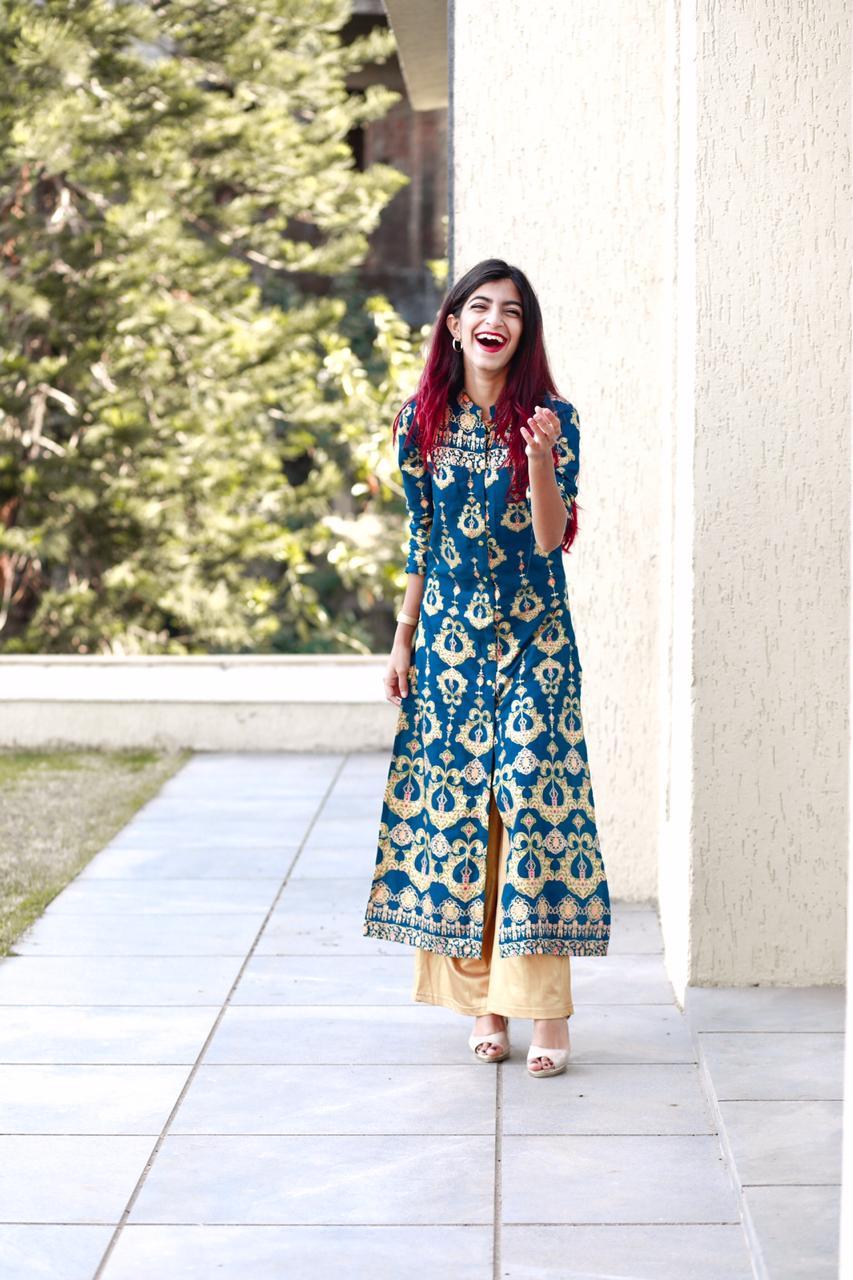 Jompers Women Teal Blue & Fluorescent Green Printed Straight Kurta