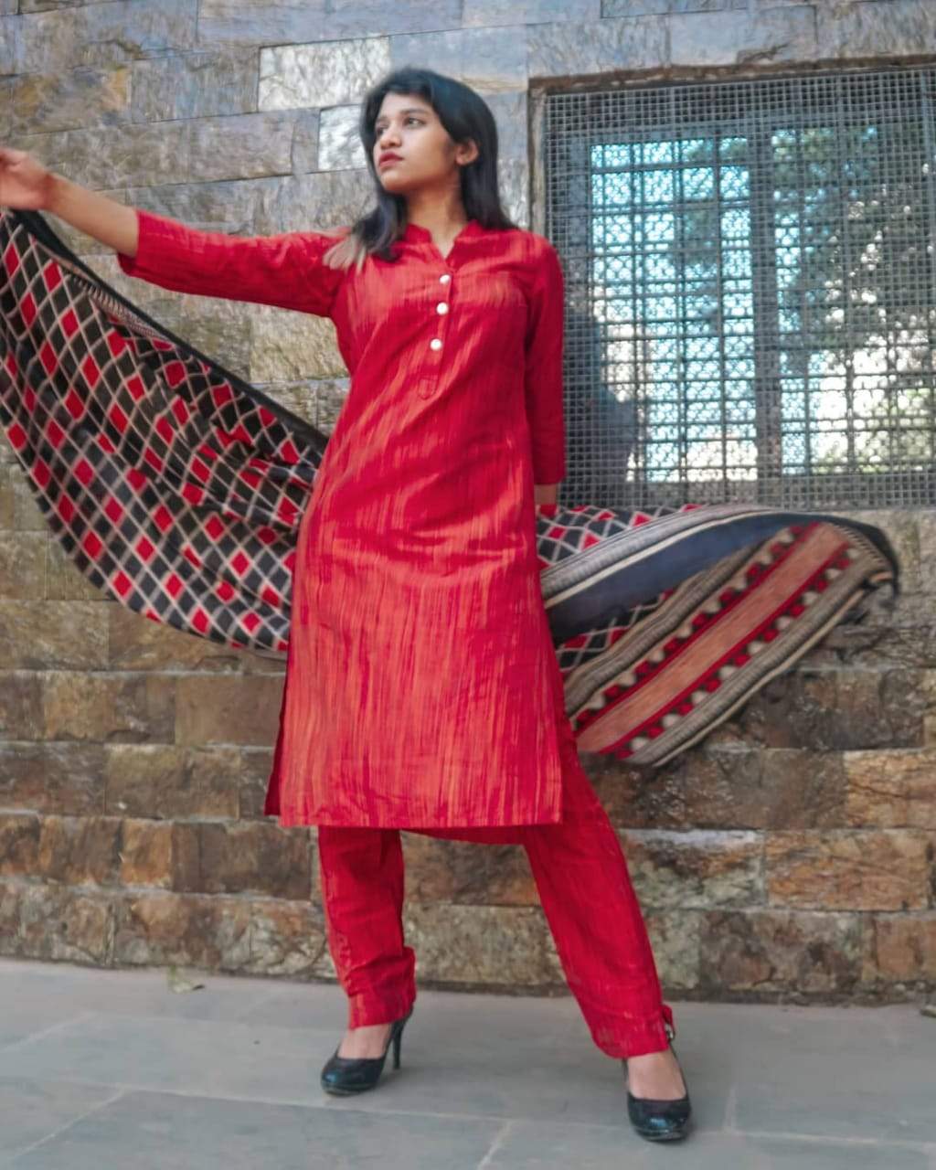 Jompers Women Red & Black Self-Striped Kurta with Trousers & Dupatta