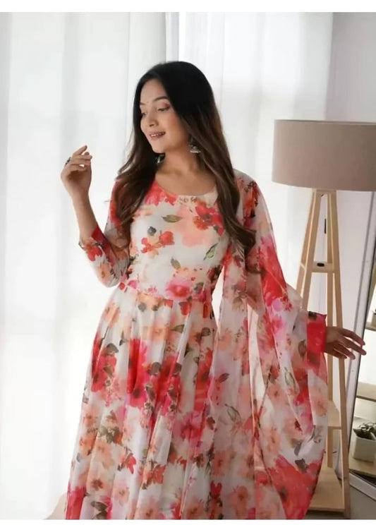 Indian Clothing Dishitha Creation Women Floral Printed Designer Gown - Pink