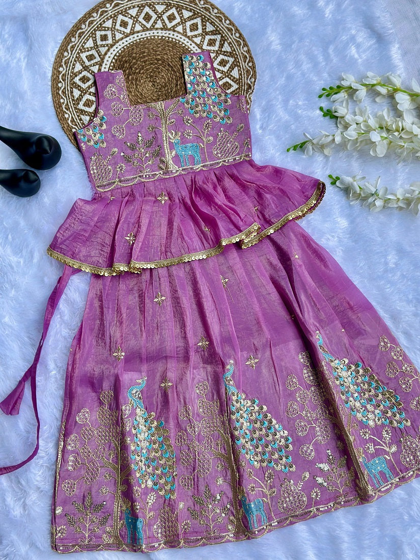 Evanik Pink Pure Gold Crush With Peacock Design Work Kids Lehenga Choli