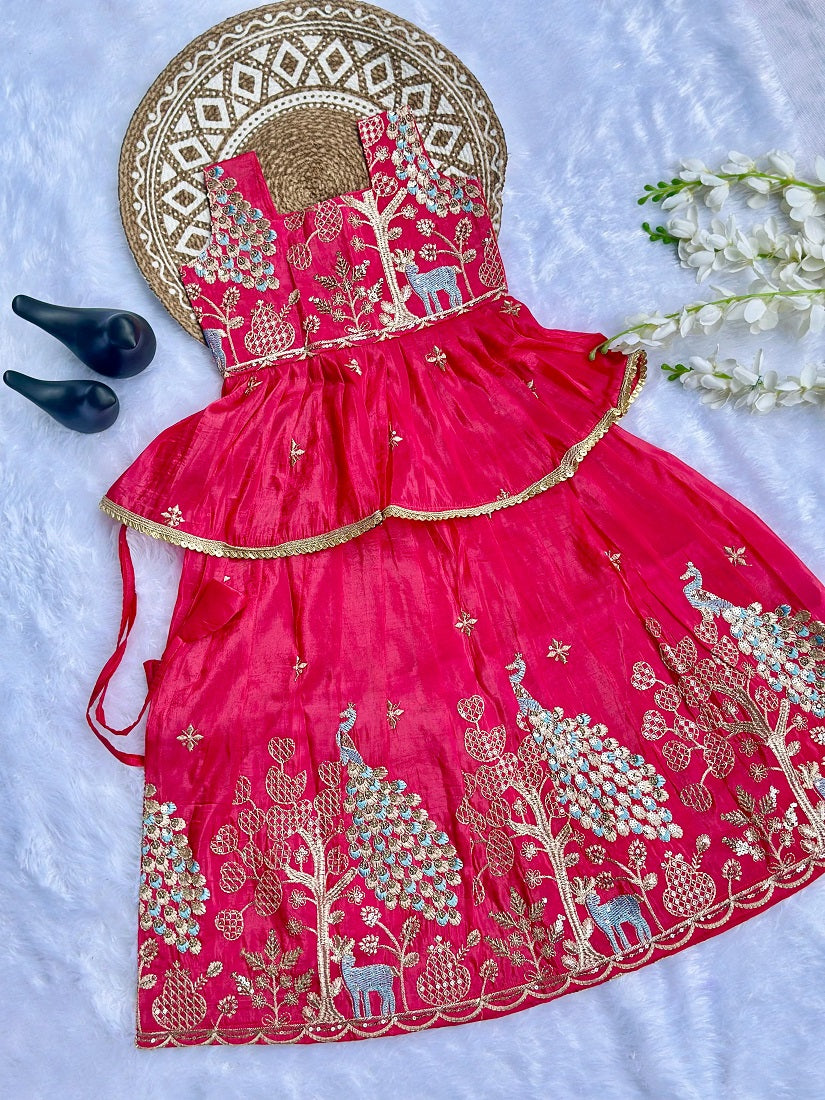 Evanik Pink Pure Gold Crush With Peacock Design Work Kids Lehenga Choli
