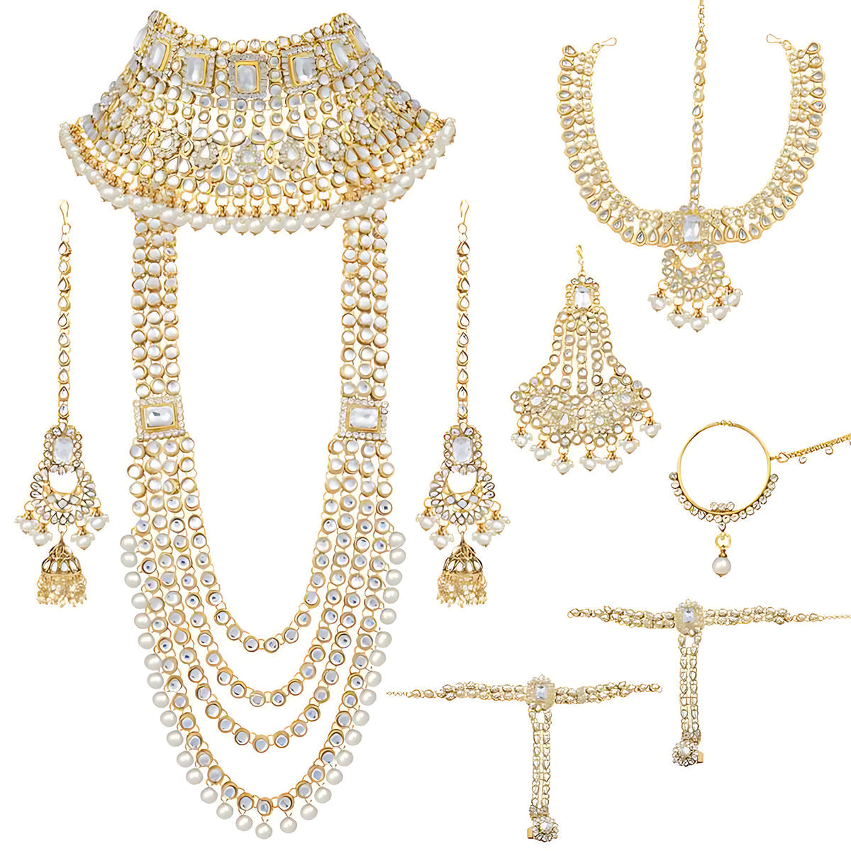 Jewel City Complete Bridal Kundan Jewelry Set - 8-Piece Royal Indian Wedding Collection with Choker, Rani Haar, Earrings, Maang Tikka & Mathapatti | Swadesiicart