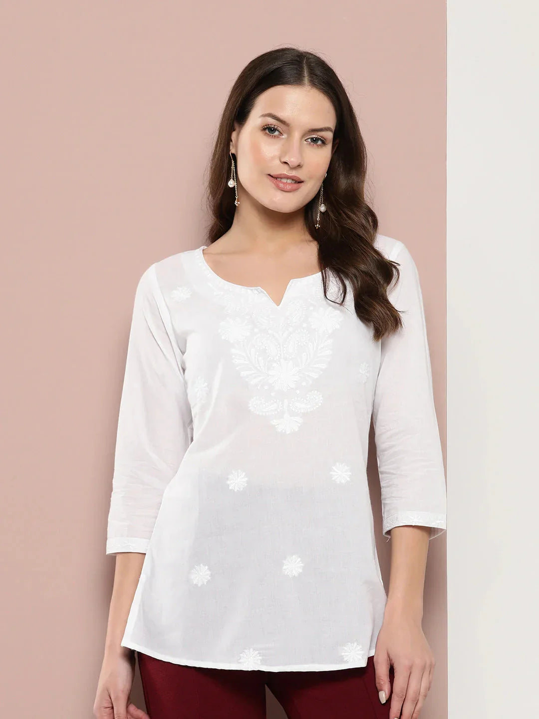 Yufta White Floral Chikankari Embroidered Pure Cotton Top  Grab2Buy Yufta Grab2Buy
