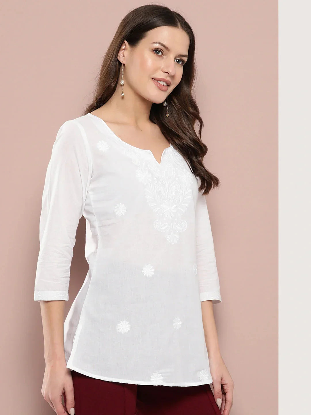 Yufta White Floral Chikankari Embroidered Pure Cotton Top  Grab2Buy Yufta Grab2Buy