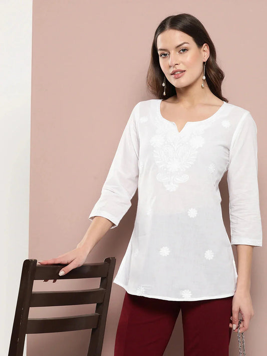 Yufta White Floral Chikankari Embroidered Pure Cotton Top  Grab2Buy Yufta Grab2Buy