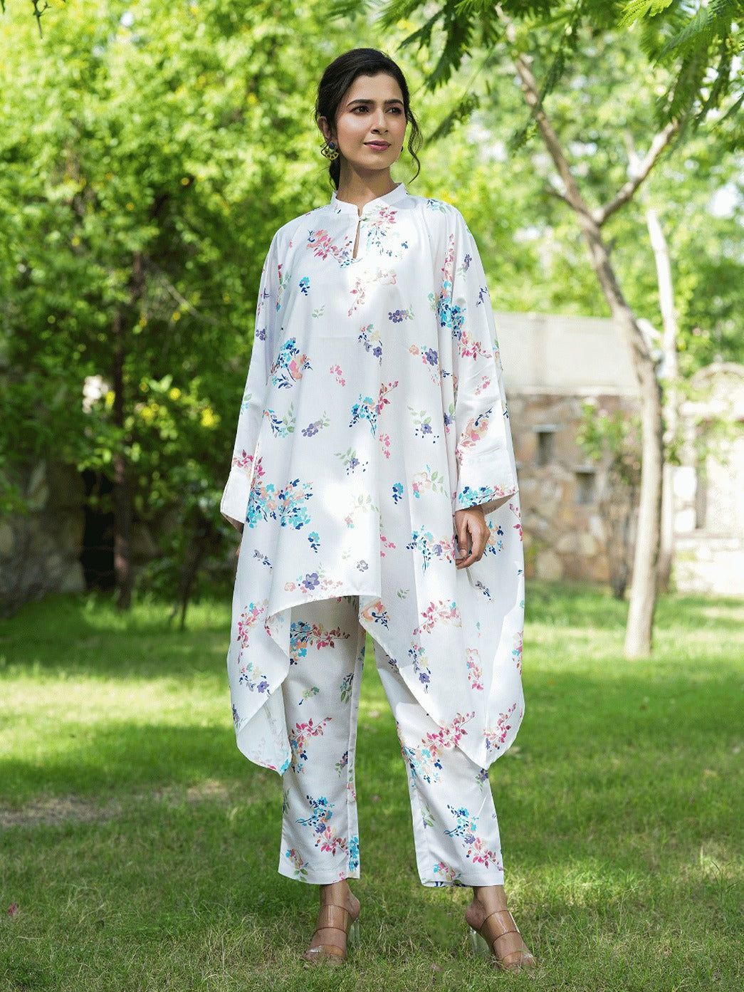 Yufta White Floral Print Kaftan Kurta with Trousers Co-Ords 