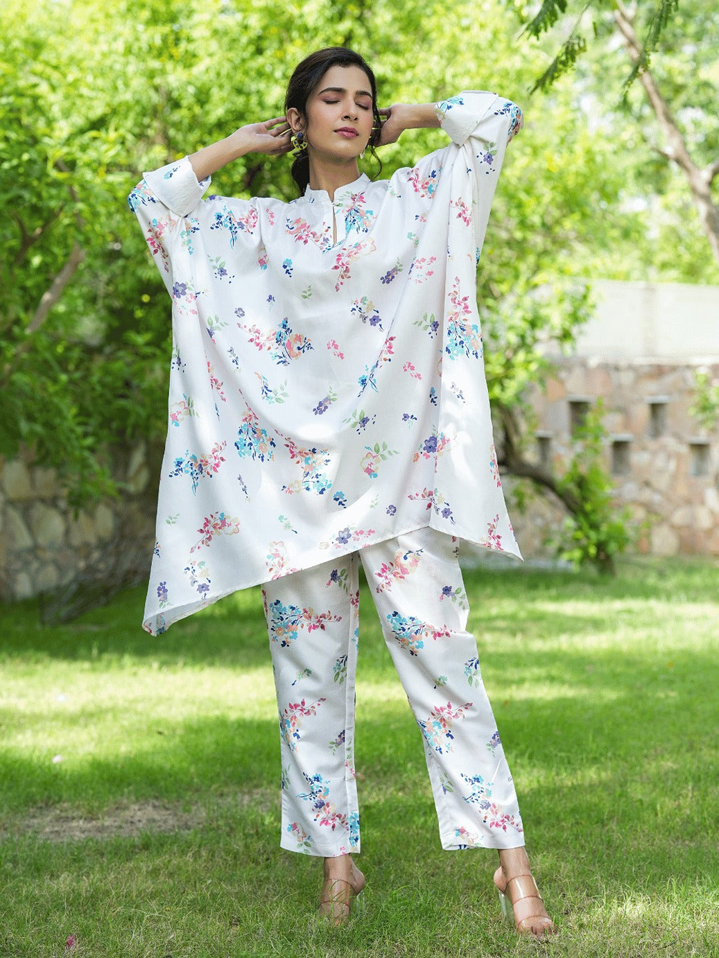 Yufta White Floral Print Kaftan Kurta with Trousers Co-Ords 
