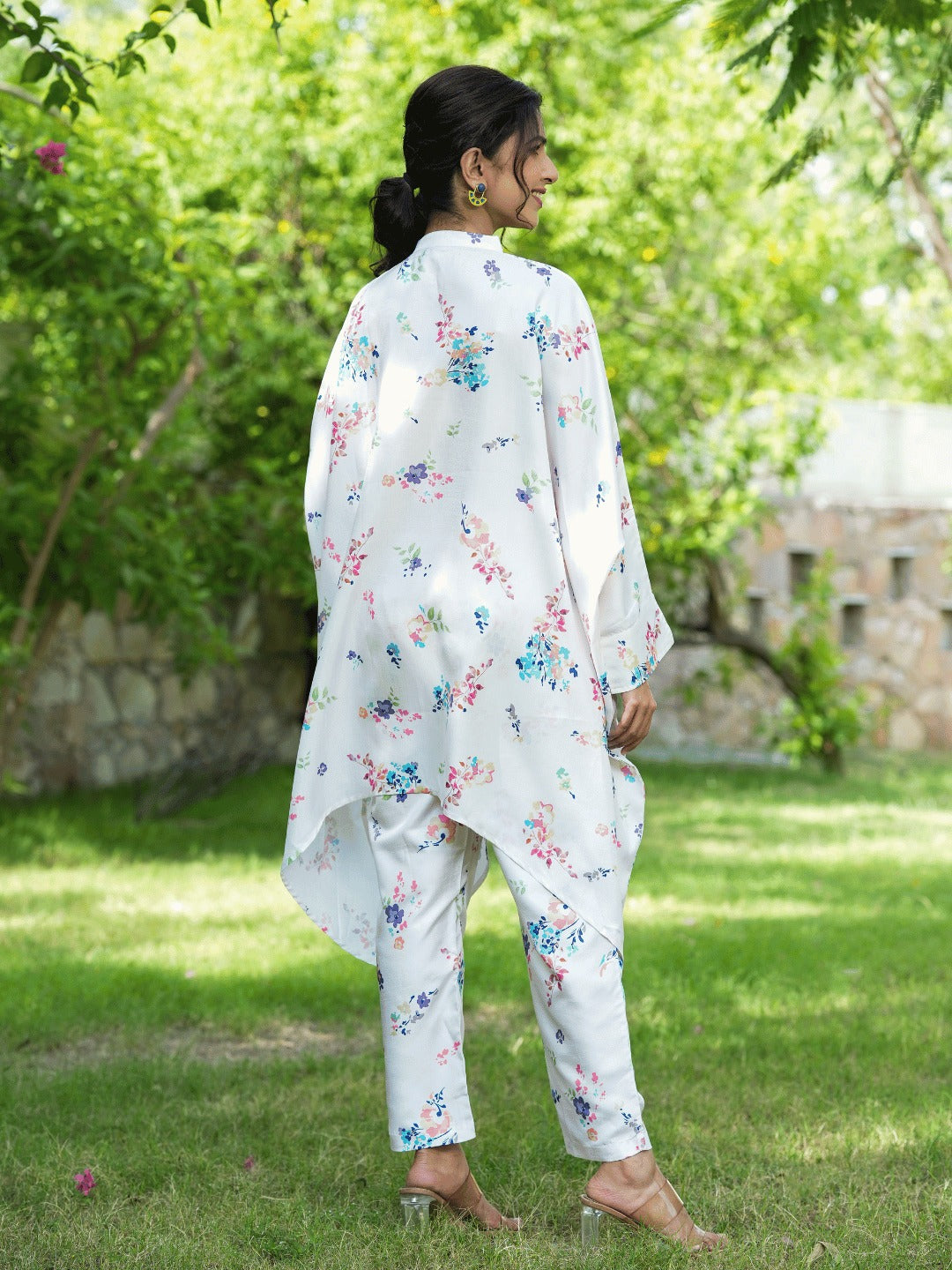 Yufta White Floral Print Kaftan Kurta with Trousers Co-Ords 