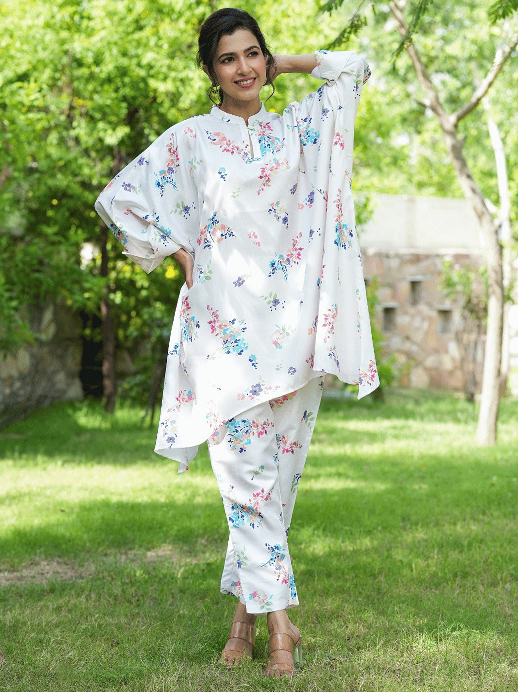 Yufta White Floral Print Kaftan Kurta with Trousers Co-Ords 