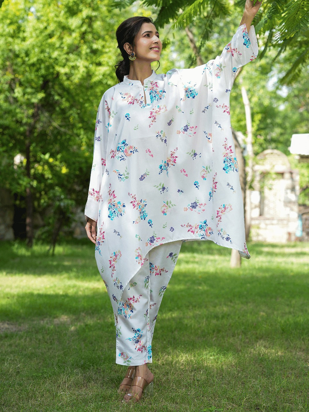 Yufta White Floral Print Kaftan Kurta with Trousers Co-Ords 
