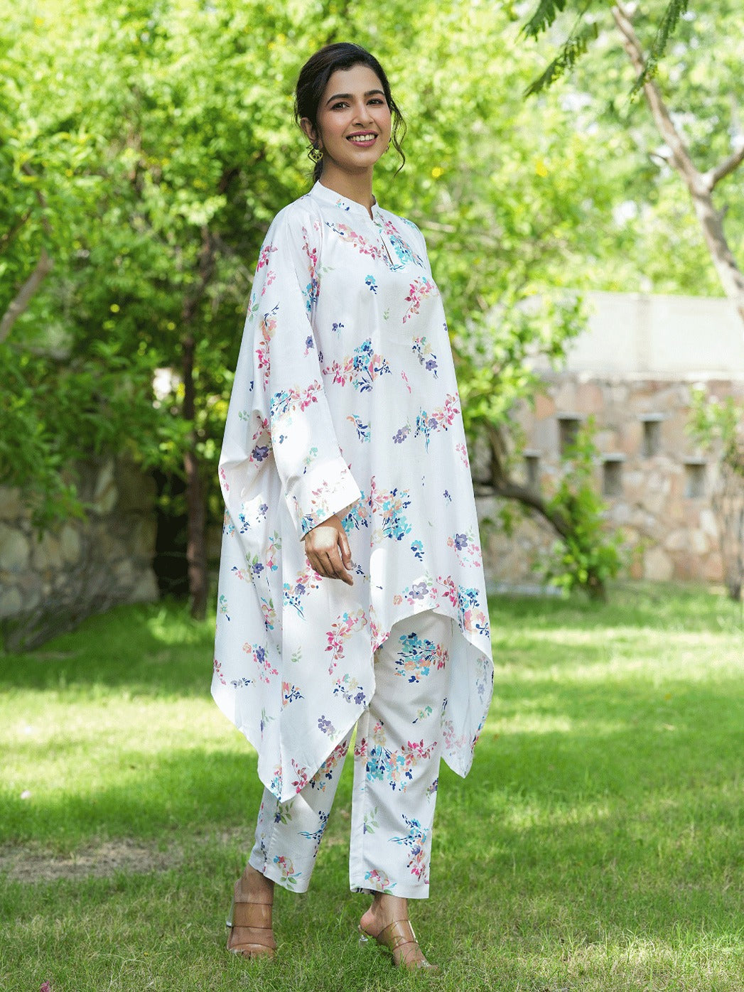Yufta White Floral Print Kaftan Kurta with Trousers Co-Ords 