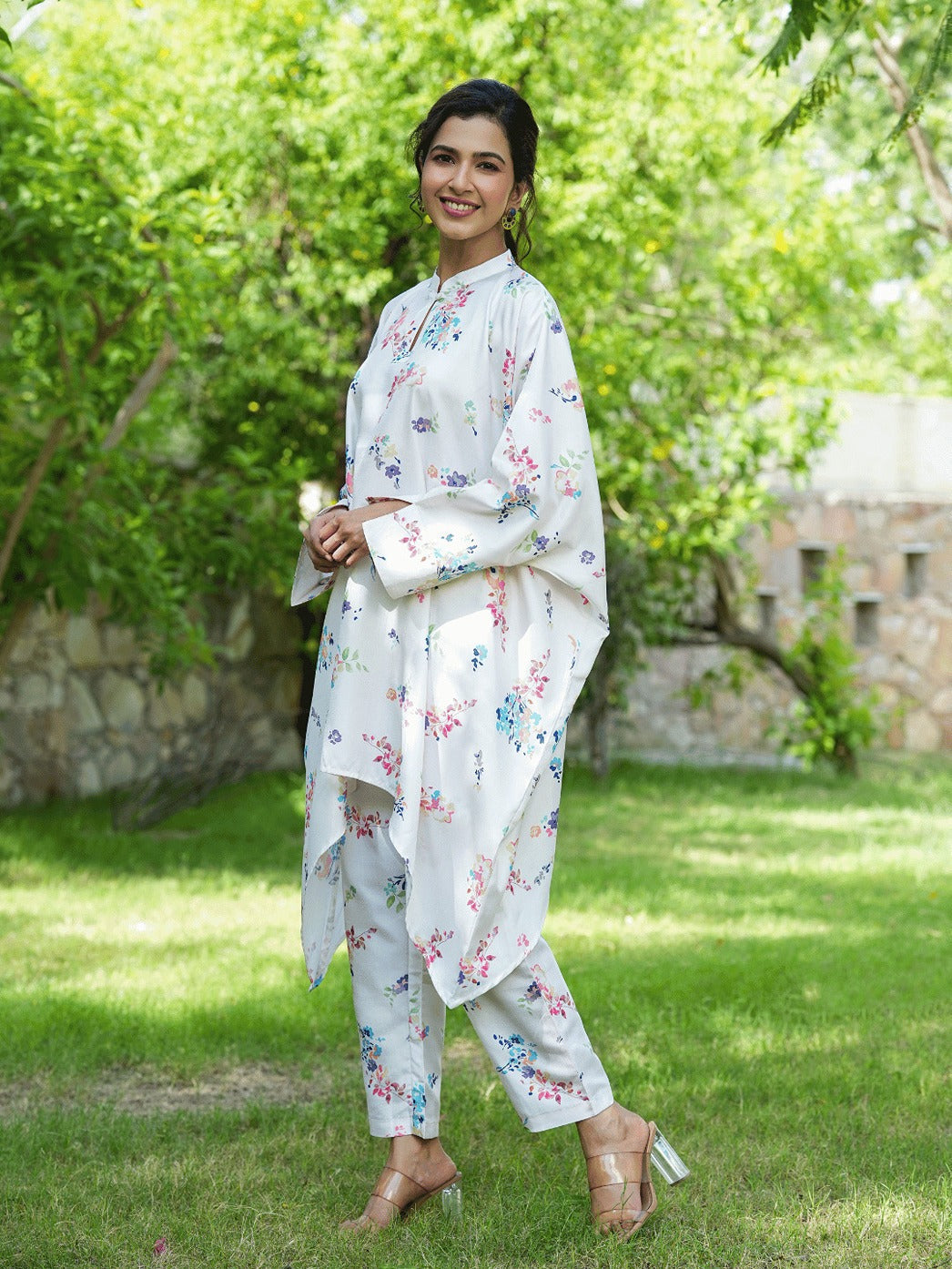 Yufta White Floral Print Kaftan Kurta with Trousers Co-Ords 