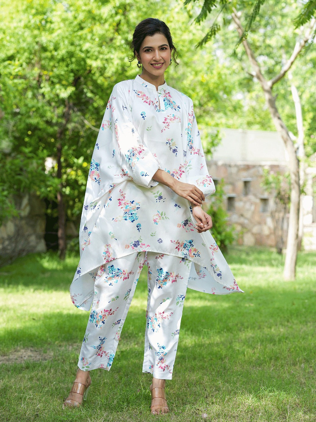 Yufta White Floral Print Kaftan Kurta with Trousers Co-Ords 