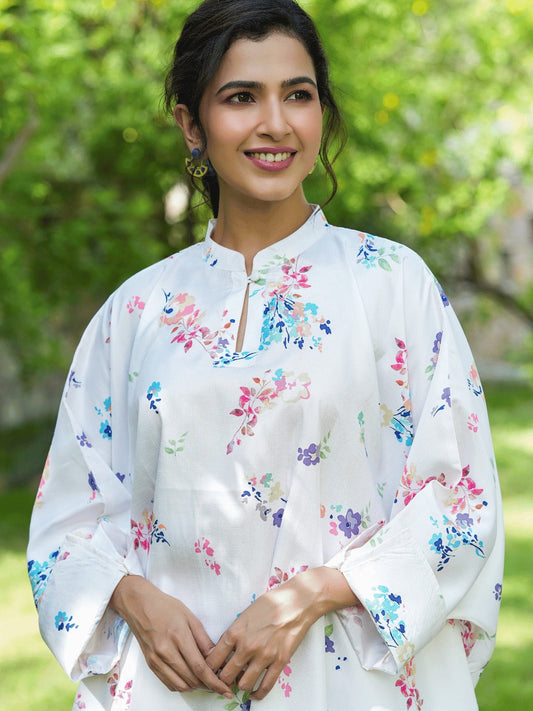 Yufta White Floral Print Kaftan Kurta with Trousers Co-Ords 