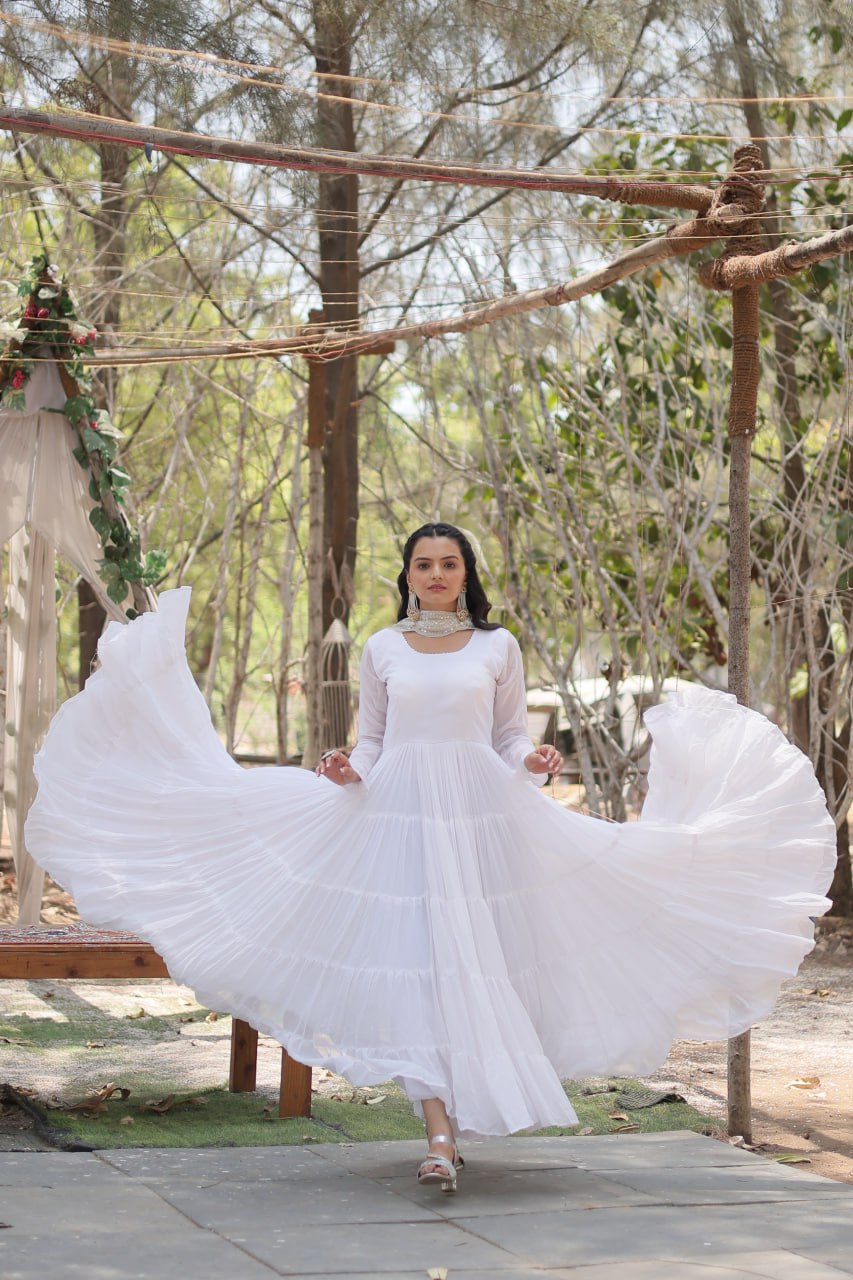 Evanik White Faux Blooming Gown With Dupatta With Rich Sequins Embroidered work