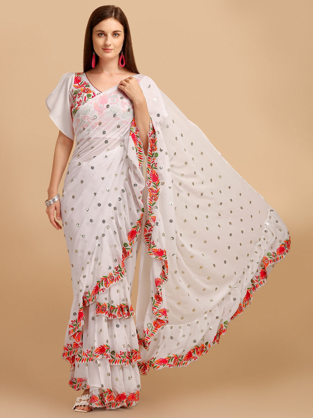 Evanik White Embroidered Work Ruffled Saree With Unstitched Blouse