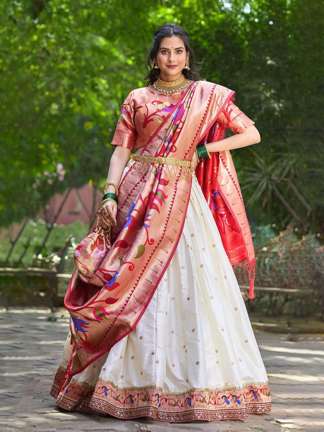 Lorenvalley White Jacquard Silk Paithani Weaving Zari Lehenga Choli with Dupatta 