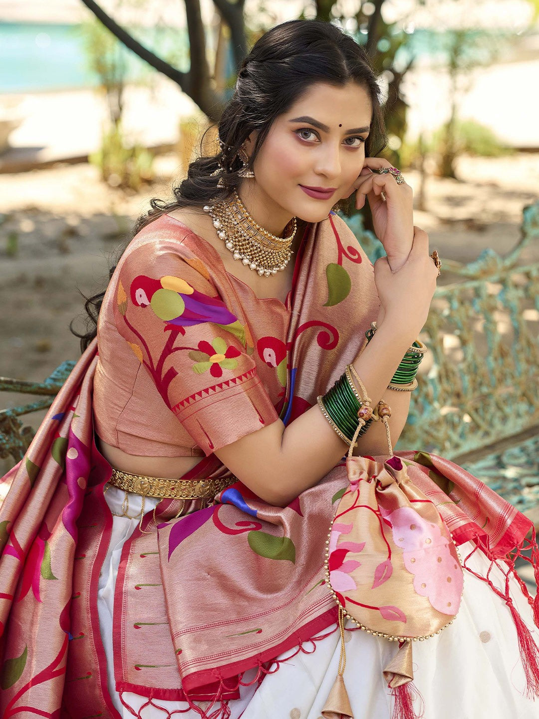 Lorenvalley White Jacquard Silk Paithani Weaving Zari Lehenga Choli with Dupatta 