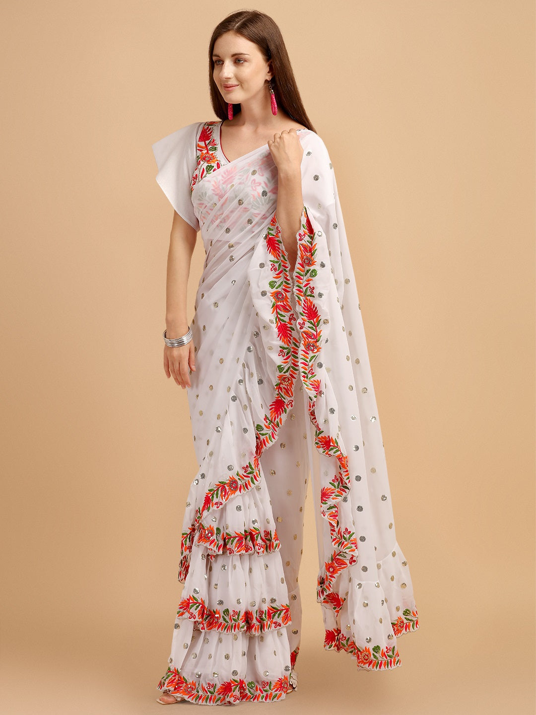 Evanik White Embroidered Work Ruffled Saree With Unstitched Blouse